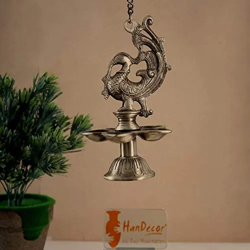 Two Moustaches Peacock Design Five Wick Brass Oil Lamp Hanging Diya | Home Decor |