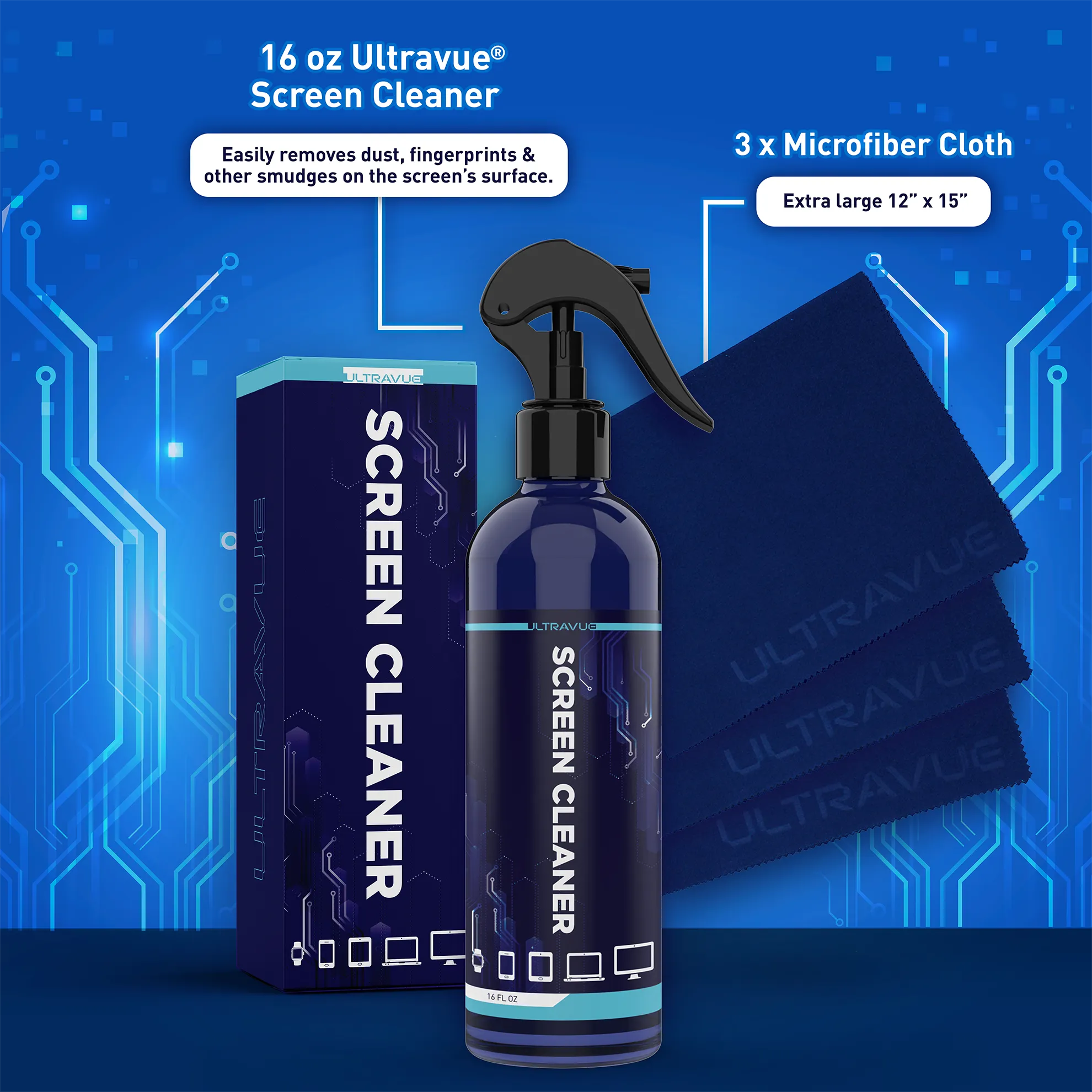 ULTRAVUE TV Screen Cleaner Kit- All in One Screen Cleaner - Ideal for Computer Monitor, LED, LCD, iPad, Laptops, Smartphones, & Touchscreens- 16oz Bottle & 3 Microfiber Cleaning Cloths