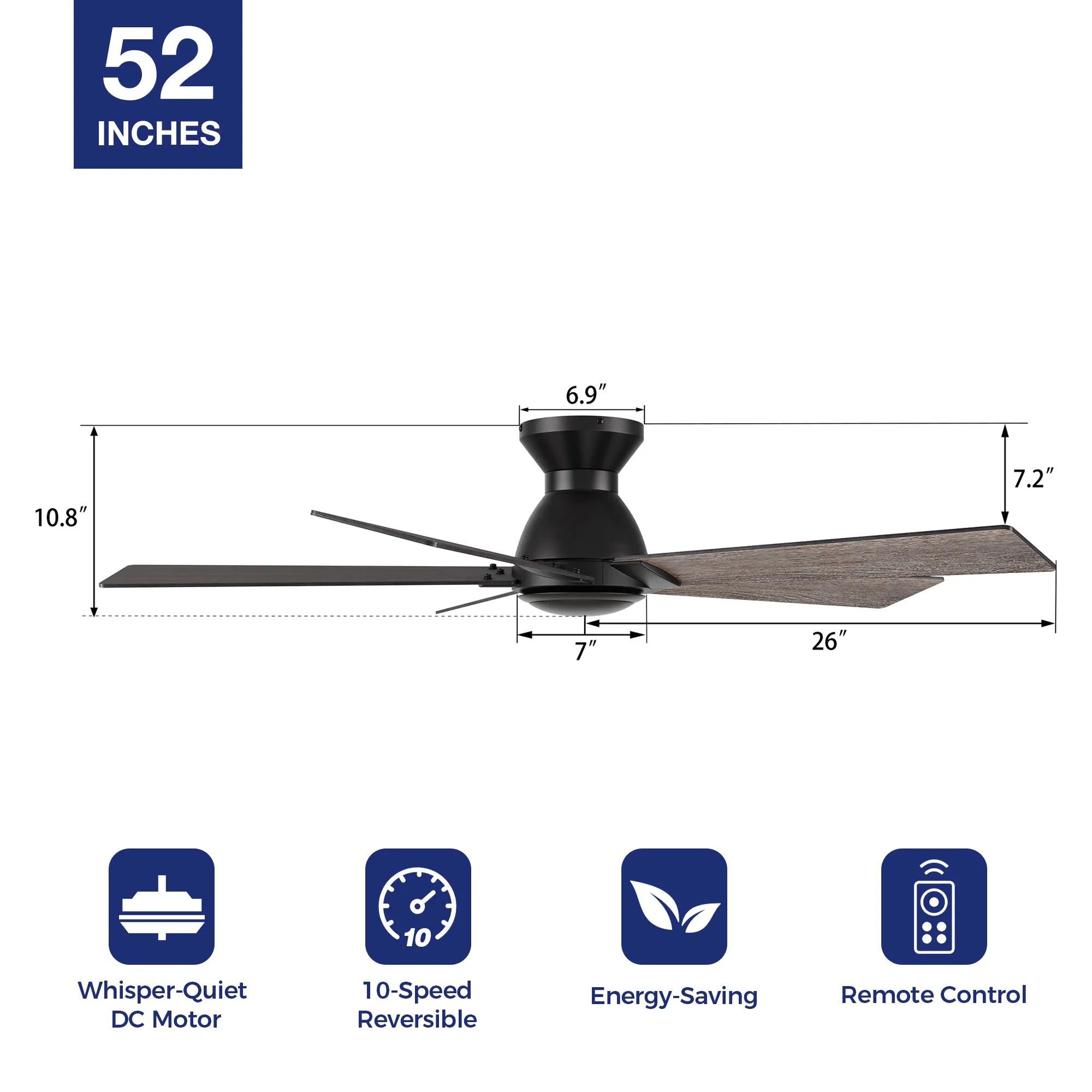 Vetric 52 inch Low Profile Ceiling Fan with Remote(No LED)