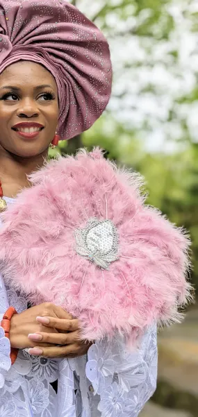 Vickii Lilac African Wedding Feather Fan, adorned with shimmering glittery stones-DPFLS22