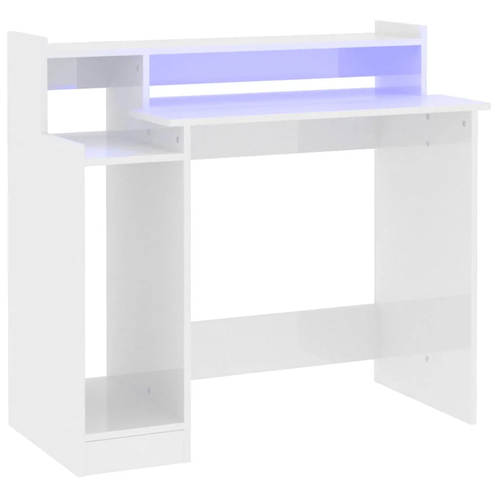 vidaXL Desk with LED Lights High Gloss White  97x45x90 cm Engineered Wood