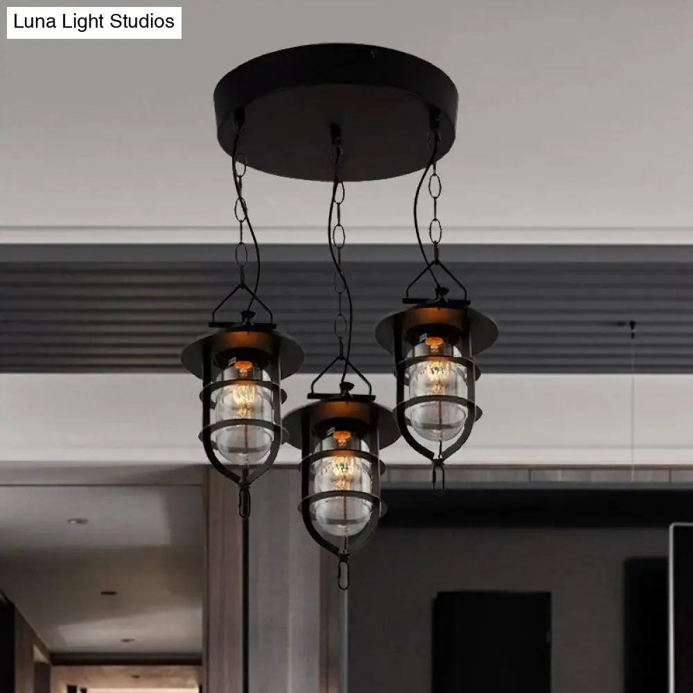 Vintage Black Caged Glass Multi Pendant 3-Light Fixture for Living Room - Round Canopy Hangs with Clear Elegance