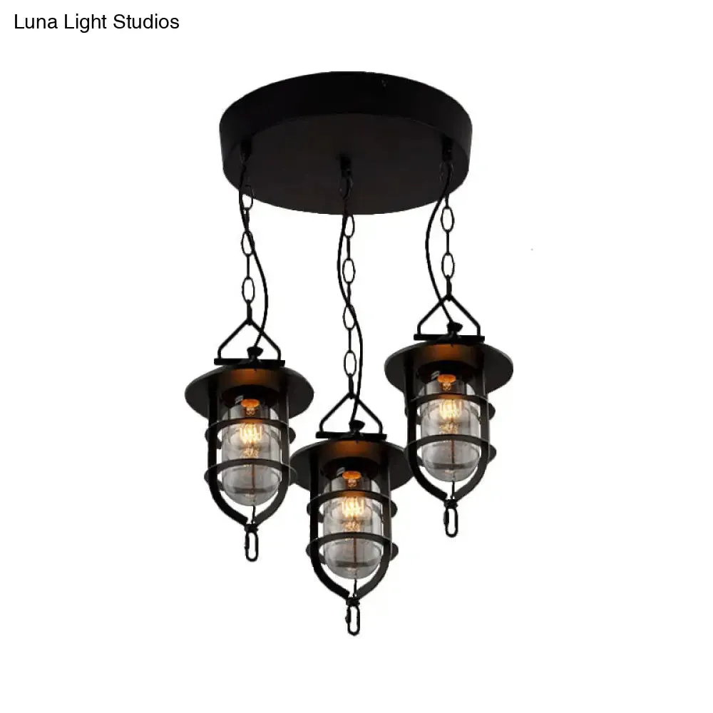 Vintage Black Caged Glass Multi Pendant 3-Light Fixture for Living Room - Round Canopy Hangs with Clear Elegance