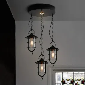 Vintage Black Caged Glass Multi Pendant 3-Light Fixture for Living Room - Round Canopy Hangs with Clear Elegance