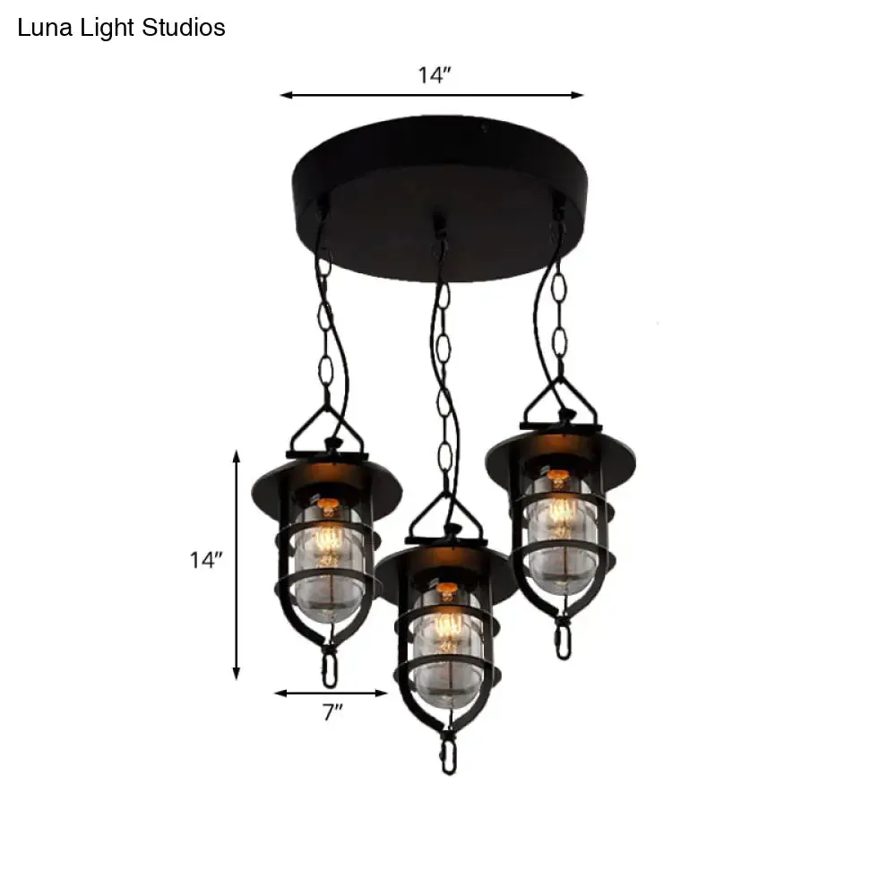 Vintage Black Caged Glass Multi Pendant 3-Light Fixture for Living Room - Round Canopy Hangs with Clear Elegance