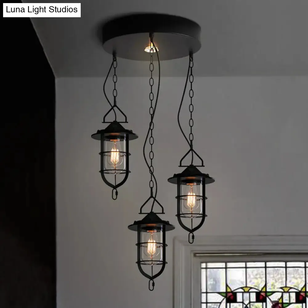 Vintage Black Caged Glass Multi Pendant 3-Light Fixture for Living Room - Round Canopy Hangs with Clear Elegance