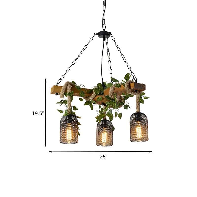 Vintage Metal Bell Cage Pendant Light with Wood Branch Beam and Rope Hanging Kit - Brown, 3-Head Design