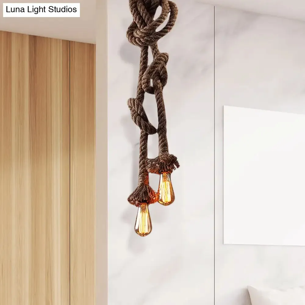 Vintage Style Light Brown Rope Pendant Light with Open Bulb - 2 Heads - Ceiling Hanging Lighting for Bar