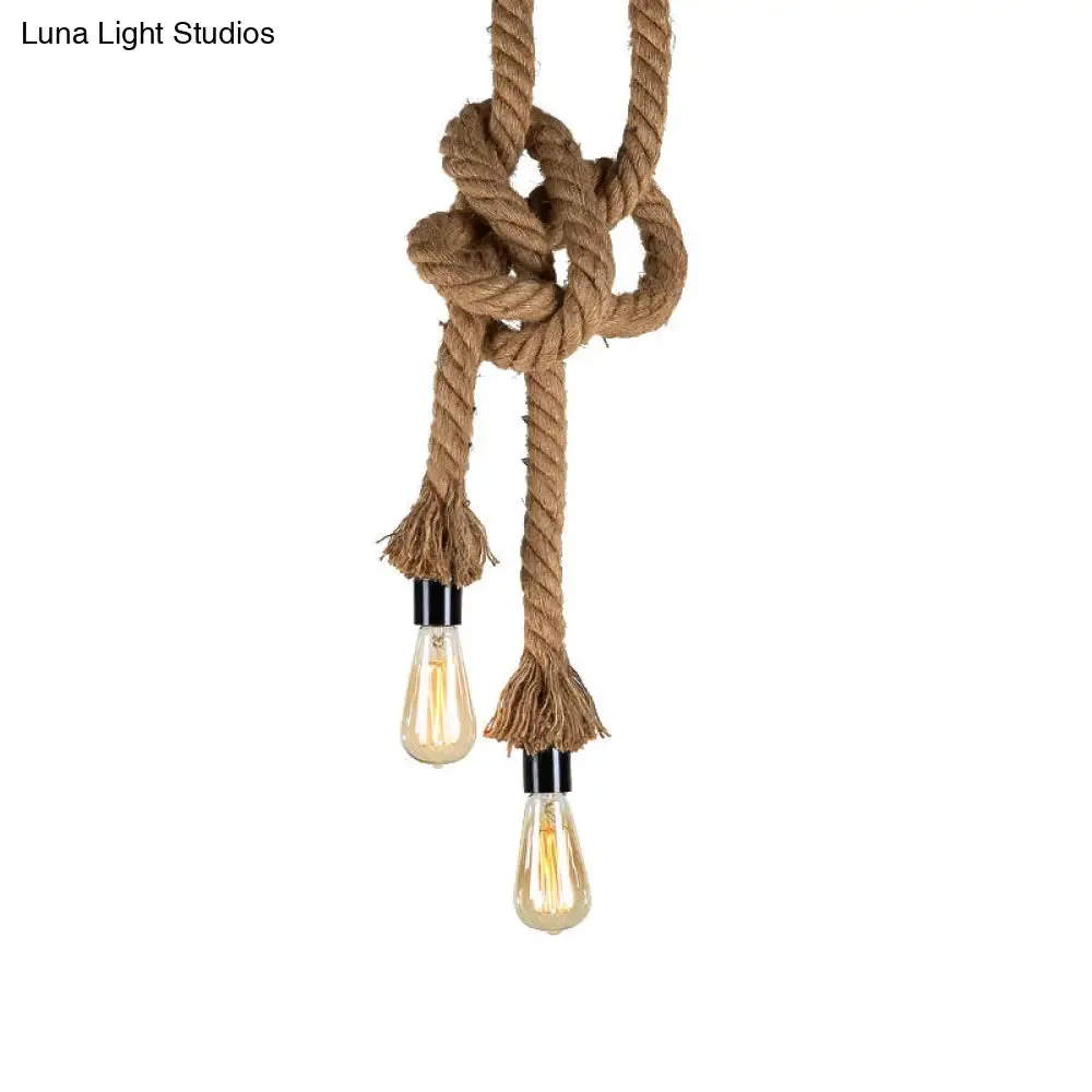 Vintage Style Light Brown Rope Pendant Light with Open Bulb - 2 Heads - Ceiling Hanging Lighting for Bar