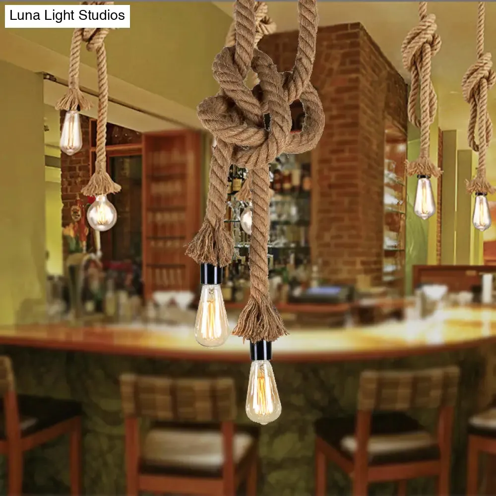 Vintage Style Light Brown Rope Pendant Light with Open Bulb - 2 Heads - Ceiling Hanging Lighting for Bar