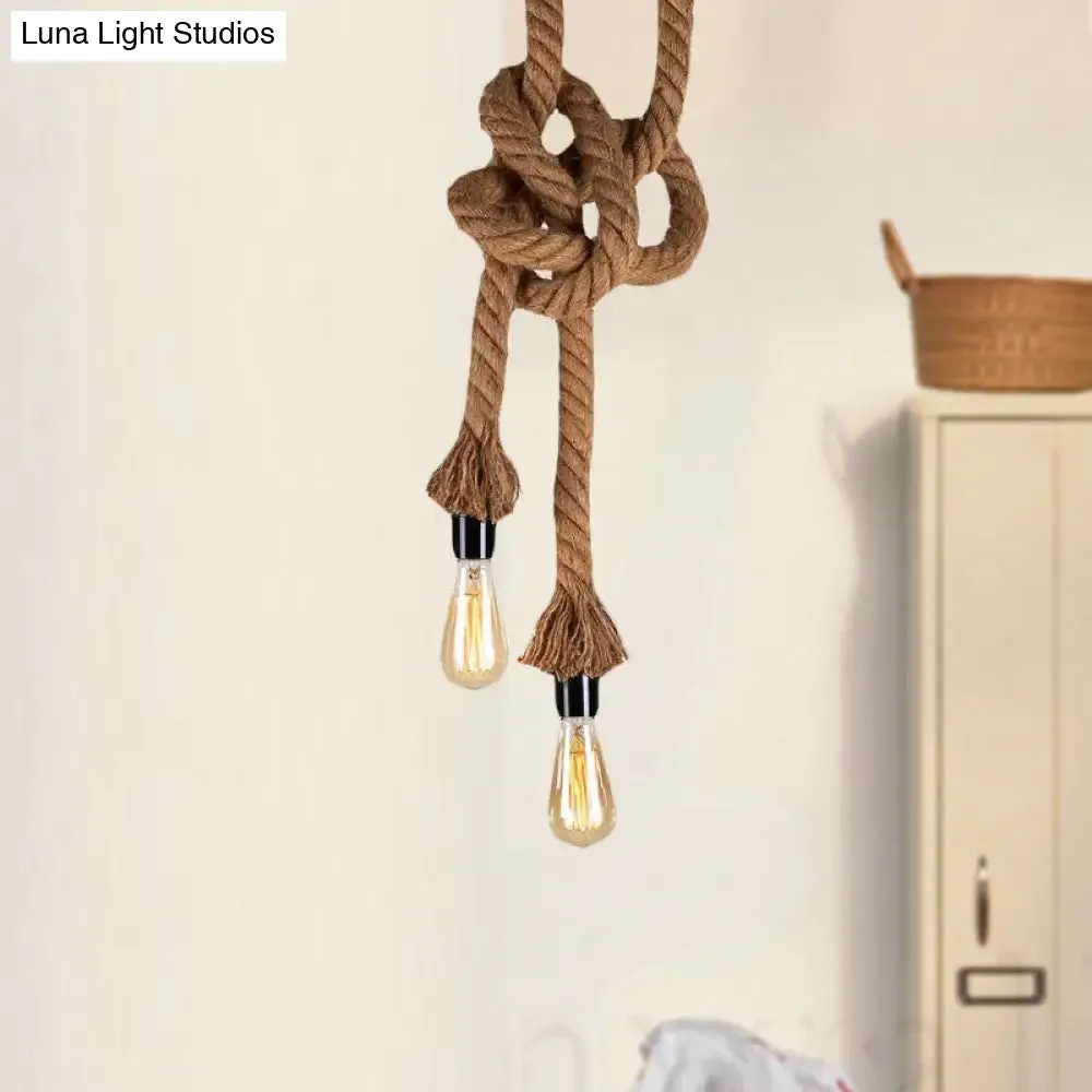 Vintage Style Light Brown Rope Pendant Light with Open Bulb - 2 Heads - Ceiling Hanging Lighting for Bar