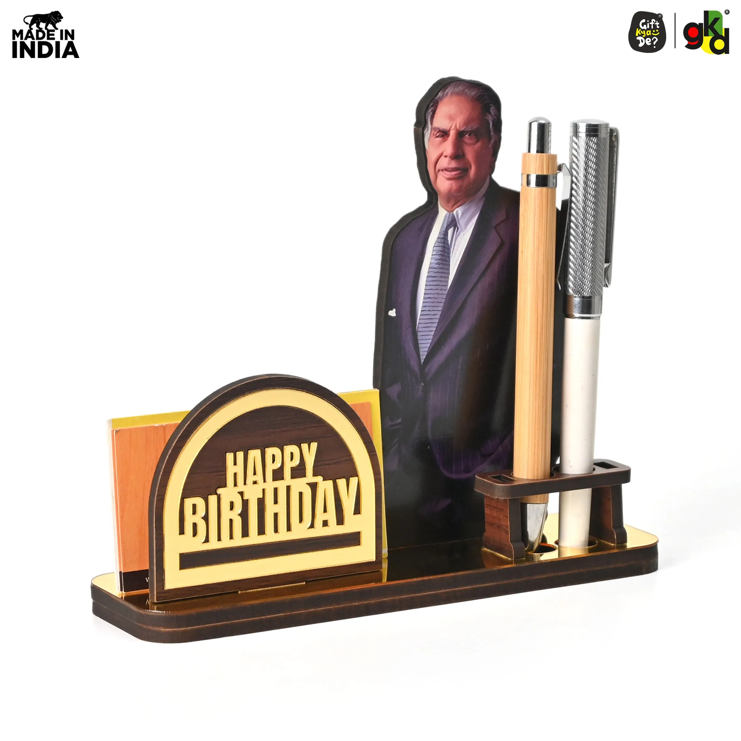 Wooden Ratan Tata and Dhirubhai Ambani Table Top with Pen Holder and Visiting Card Holder | Desk Organizer for Office and Home | Premium Corporate Gift