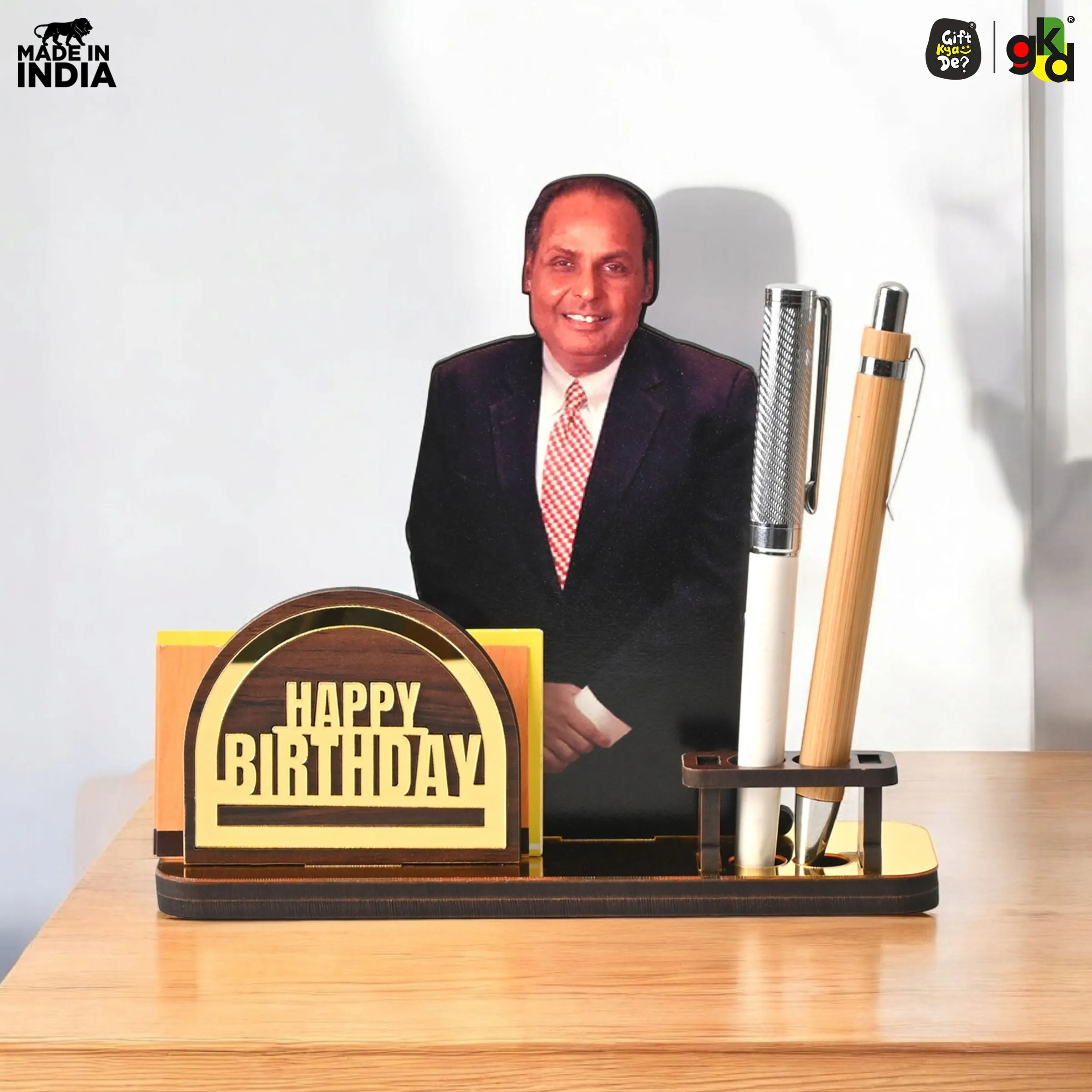 Wooden Ratan Tata and Dhirubhai Ambani Table Top with Pen Holder and Visiting Card Holder | Desk Organizer for Office and Home | Premium Corporate Gift