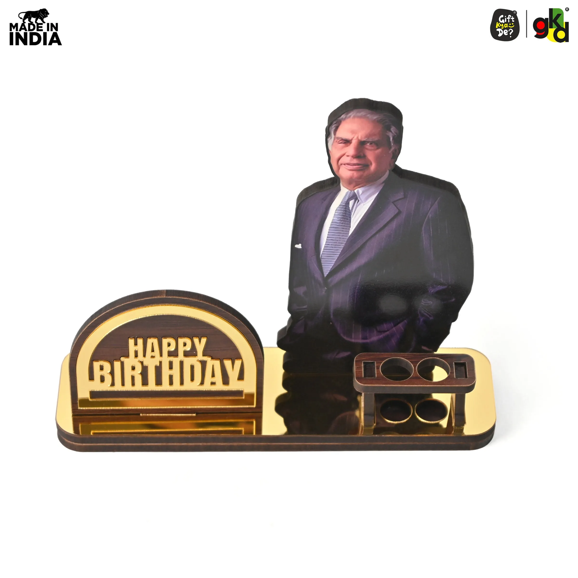 Wooden Ratan Tata and Dhirubhai Ambani Table Top with Pen Holder and Visiting Card Holder | Desk Organizer for Office and Home | Premium Corporate Gift