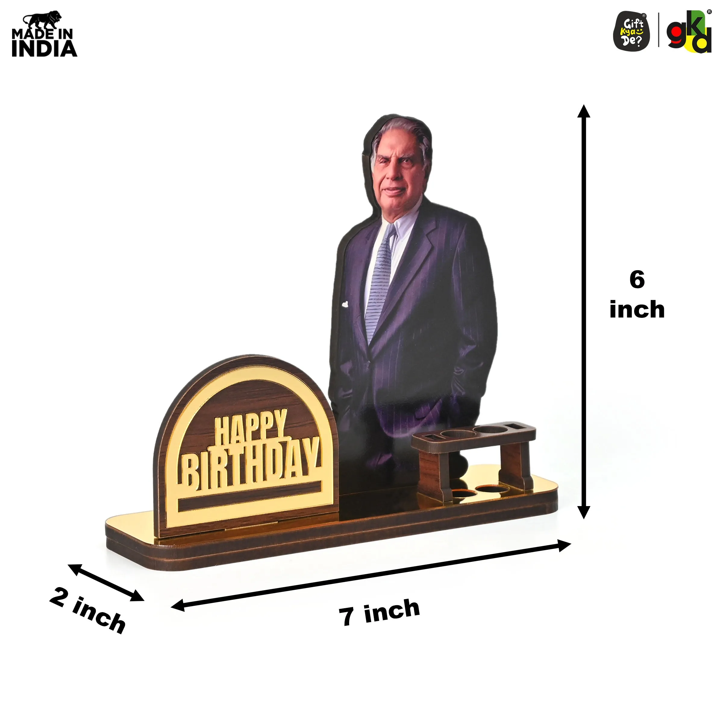 Wooden Ratan Tata and Dhirubhai Ambani Table Top with Pen Holder and Visiting Card Holder | Desk Organizer for Office and Home | Premium Corporate Gift