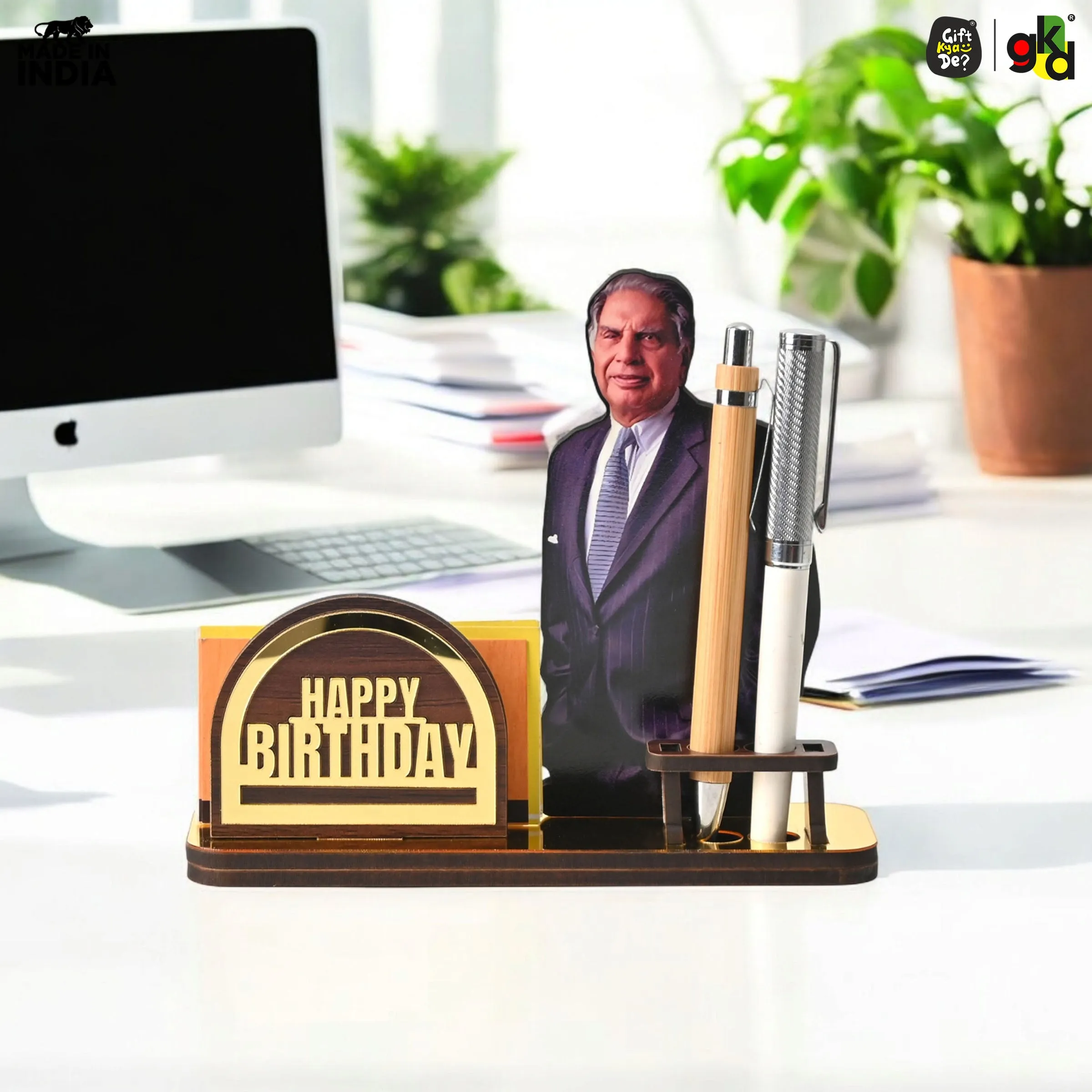 Wooden Ratan Tata and Dhirubhai Ambani Table Top with Pen Holder and Visiting Card Holder | Desk Organizer for Office and Home | Premium Corporate Gift