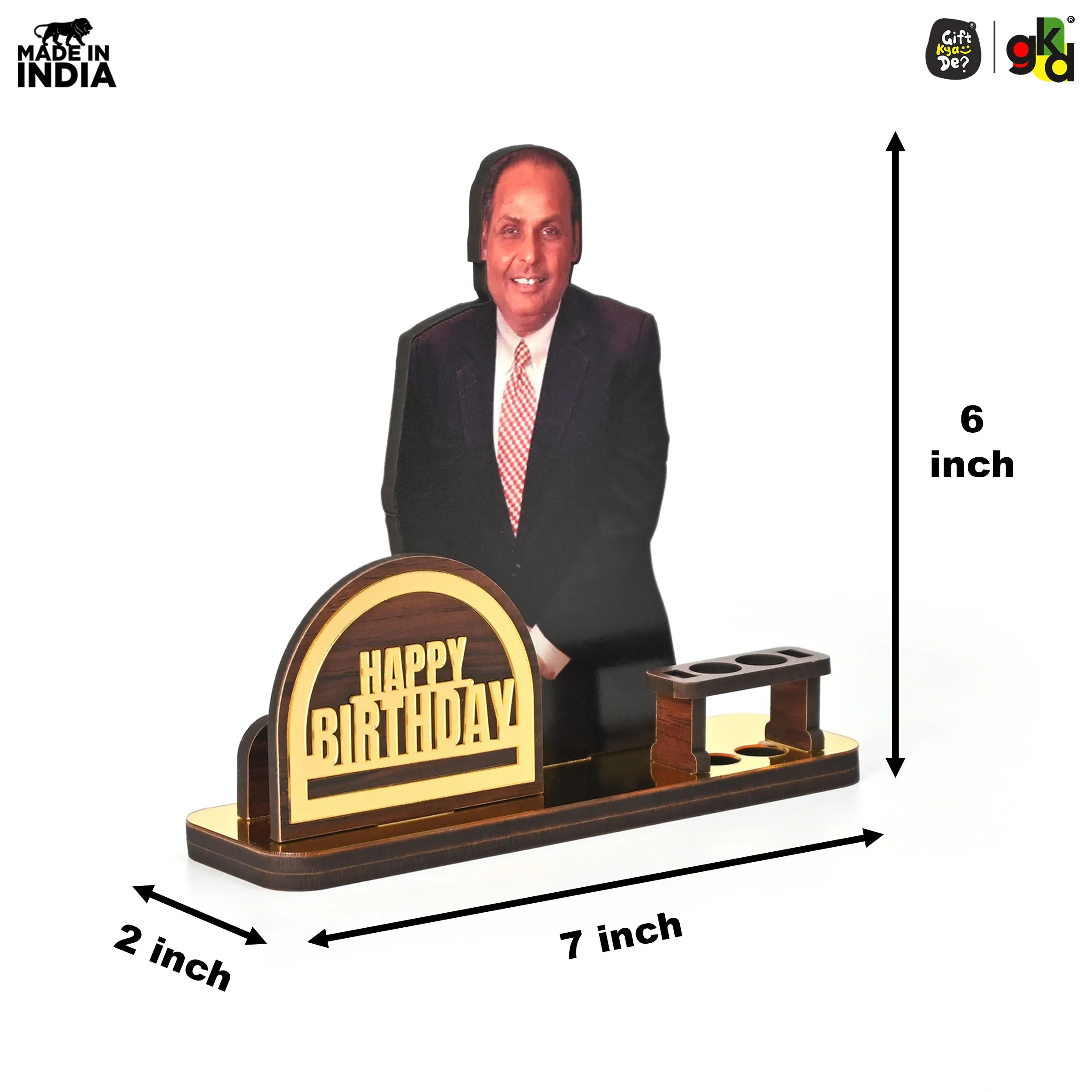 Wooden Ratan Tata and Dhirubhai Ambani Table Top with Pen Holder and Visiting Card Holder | Desk Organizer for Office and Home | Premium Corporate Gift