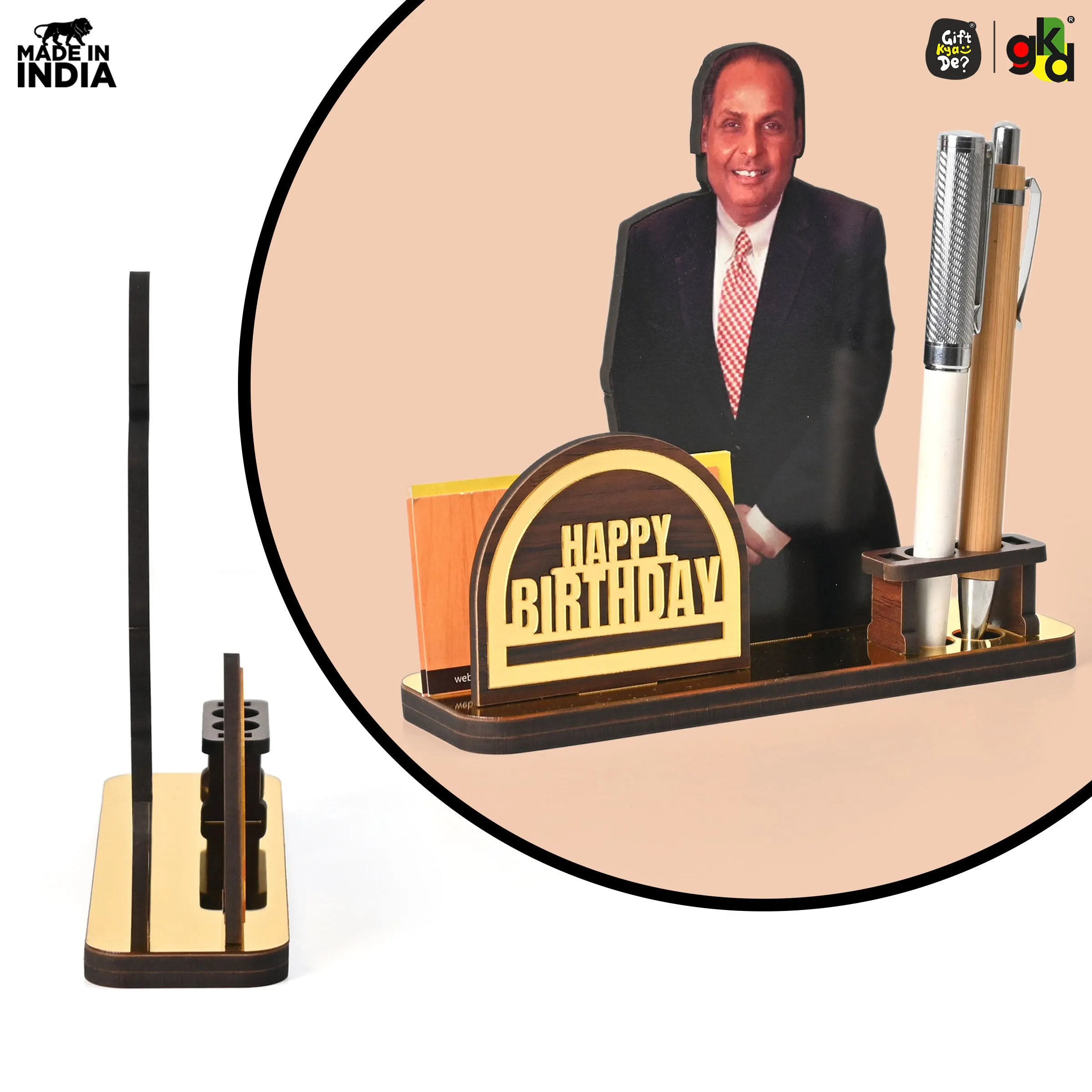 Wooden Ratan Tata and Dhirubhai Ambani Table Top with Pen Holder and Visiting Card Holder | Desk Organizer for Office and Home | Premium Corporate Gift