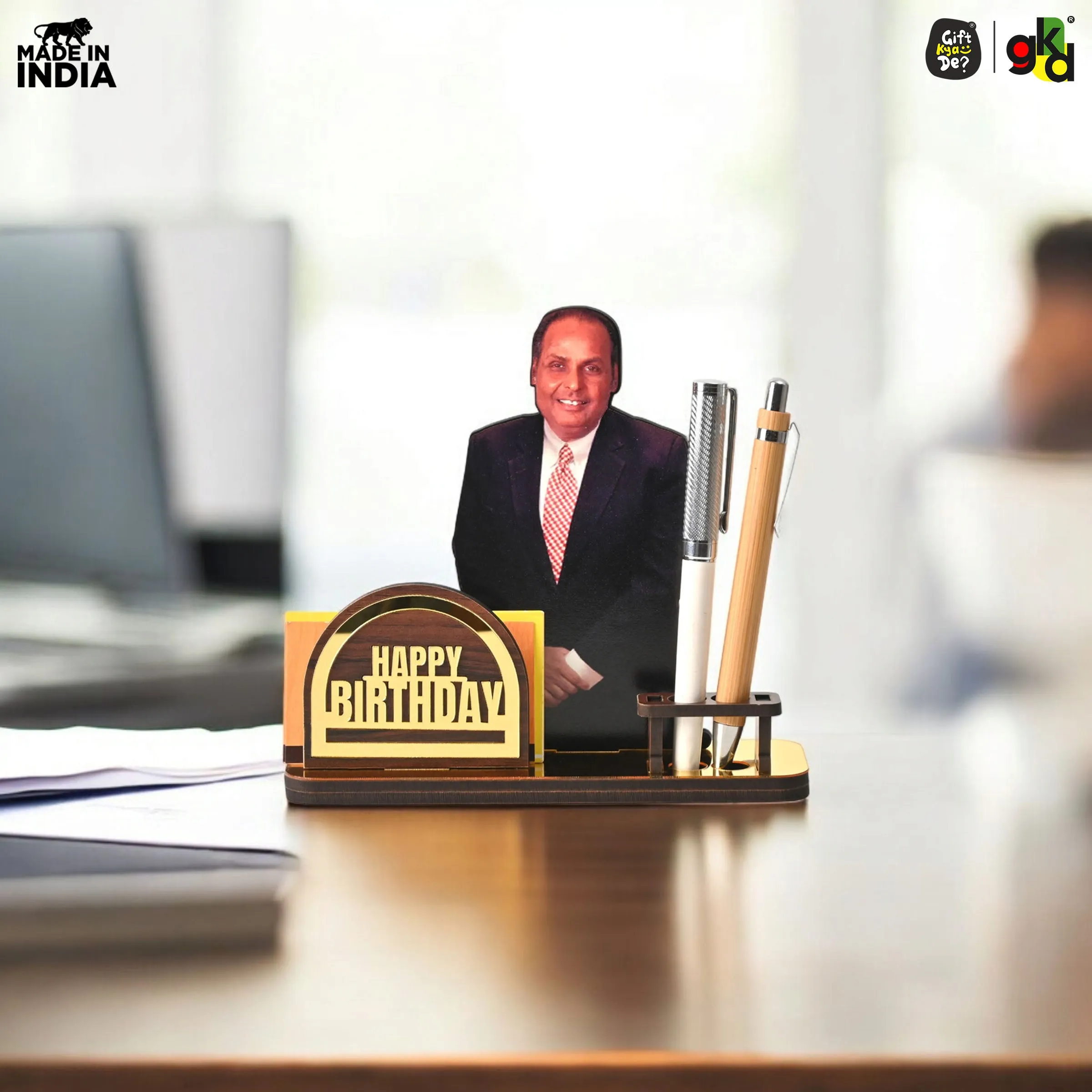 Wooden Ratan Tata and Dhirubhai Ambani Table Top with Pen Holder and Visiting Card Holder | Desk Organizer for Office and Home | Premium Corporate Gift