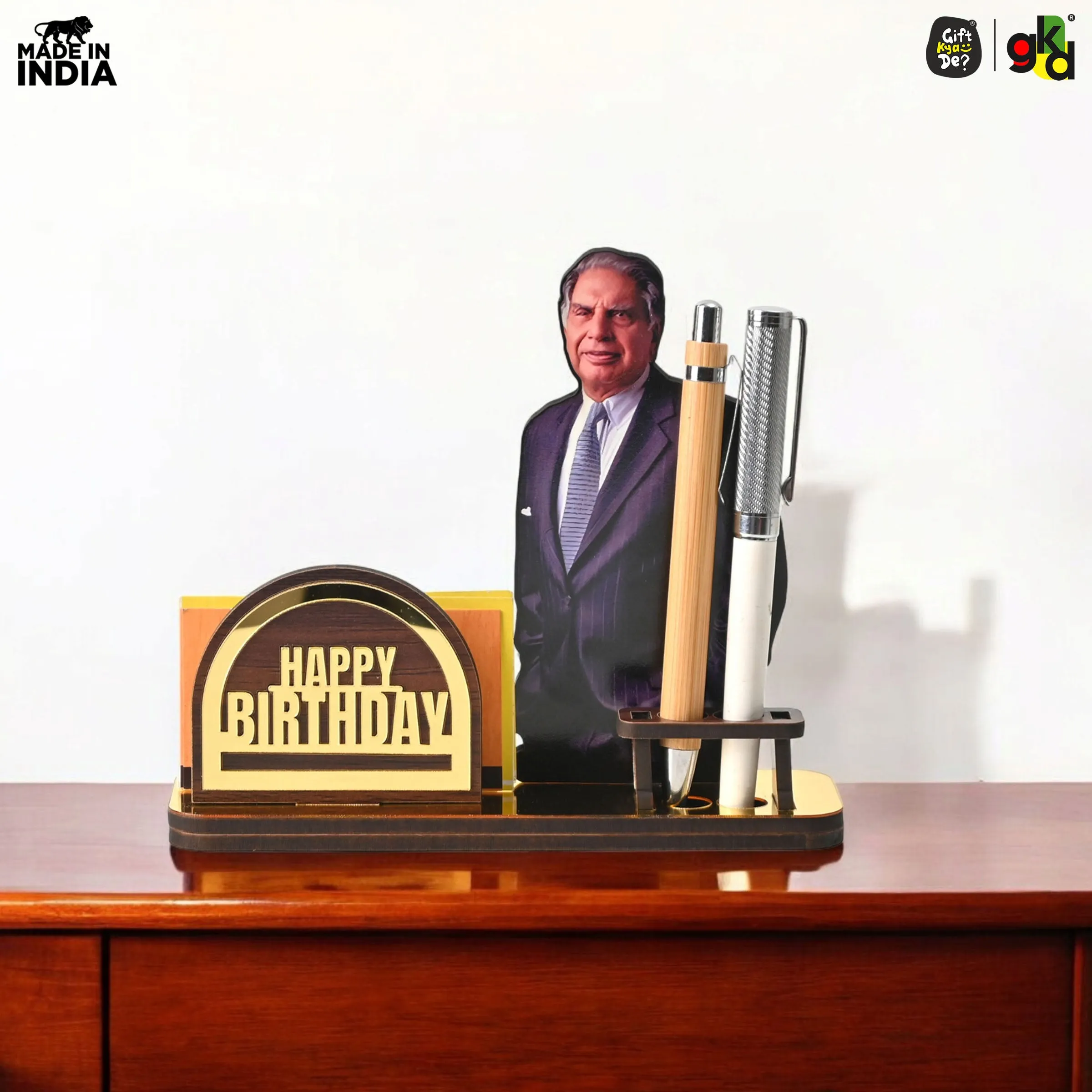 Wooden Ratan Tata and Dhirubhai Ambani Table Top with Pen Holder and Visiting Card Holder | Desk Organizer for Office and Home | Premium Corporate Gift