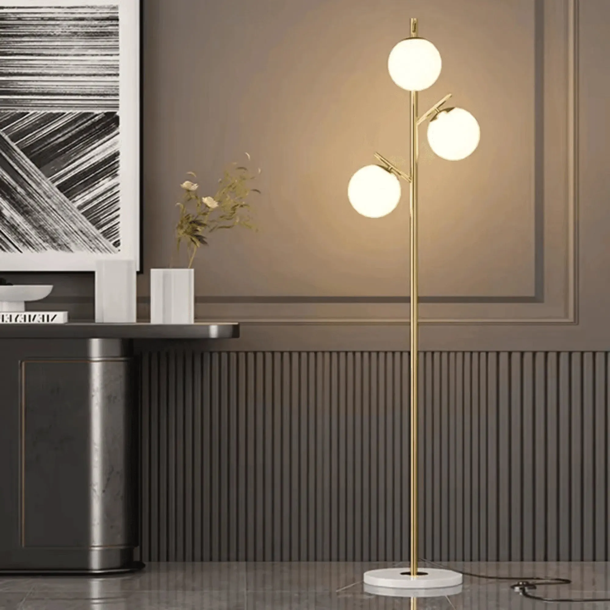 Wooden Twist Globe Shape 3 Light Tall Stand Marble Base with Foot Switch Control Button Floor Lamp