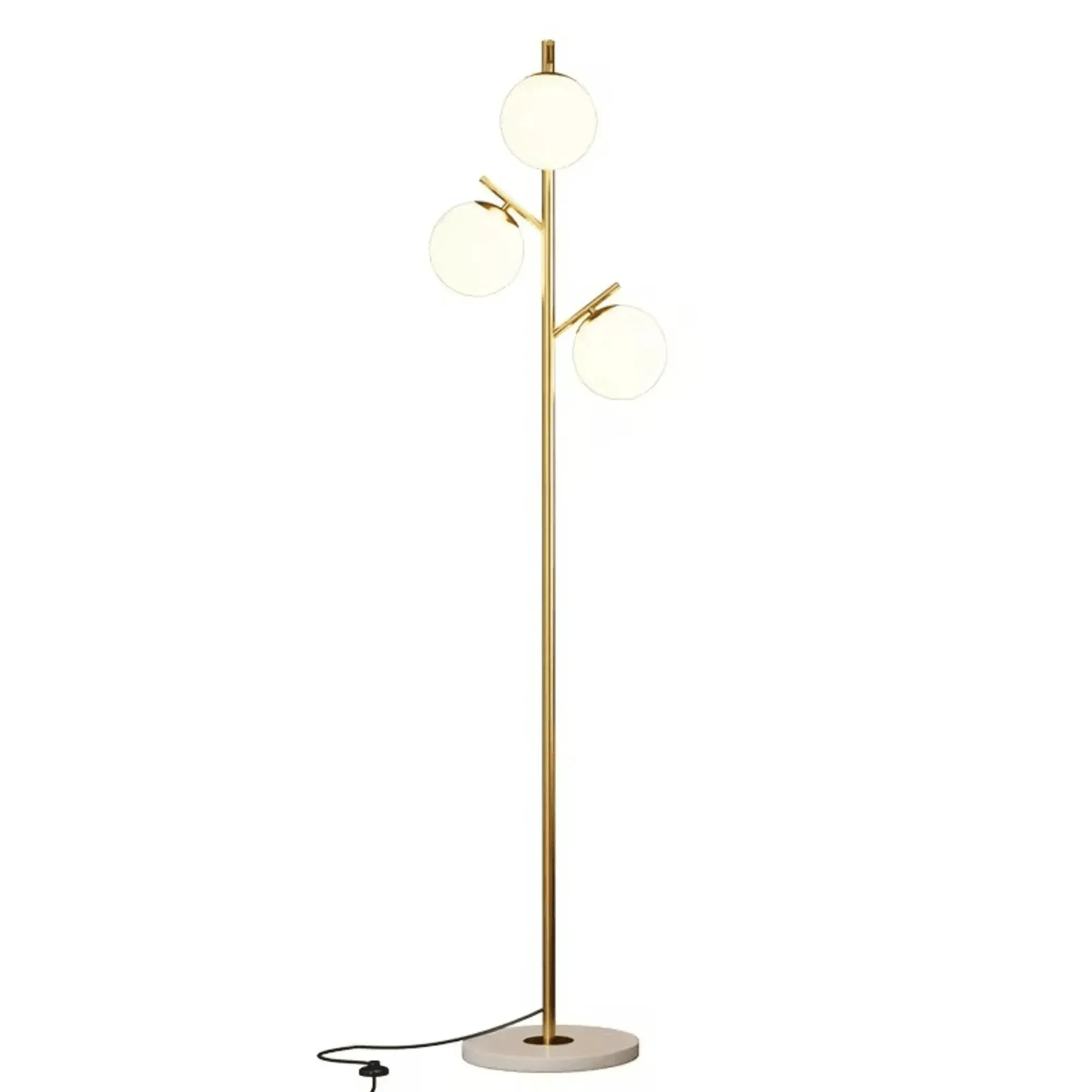 Wooden Twist Globe Shape 3 Light Tall Stand Marble Base with Foot Switch Control Button Floor Lamp