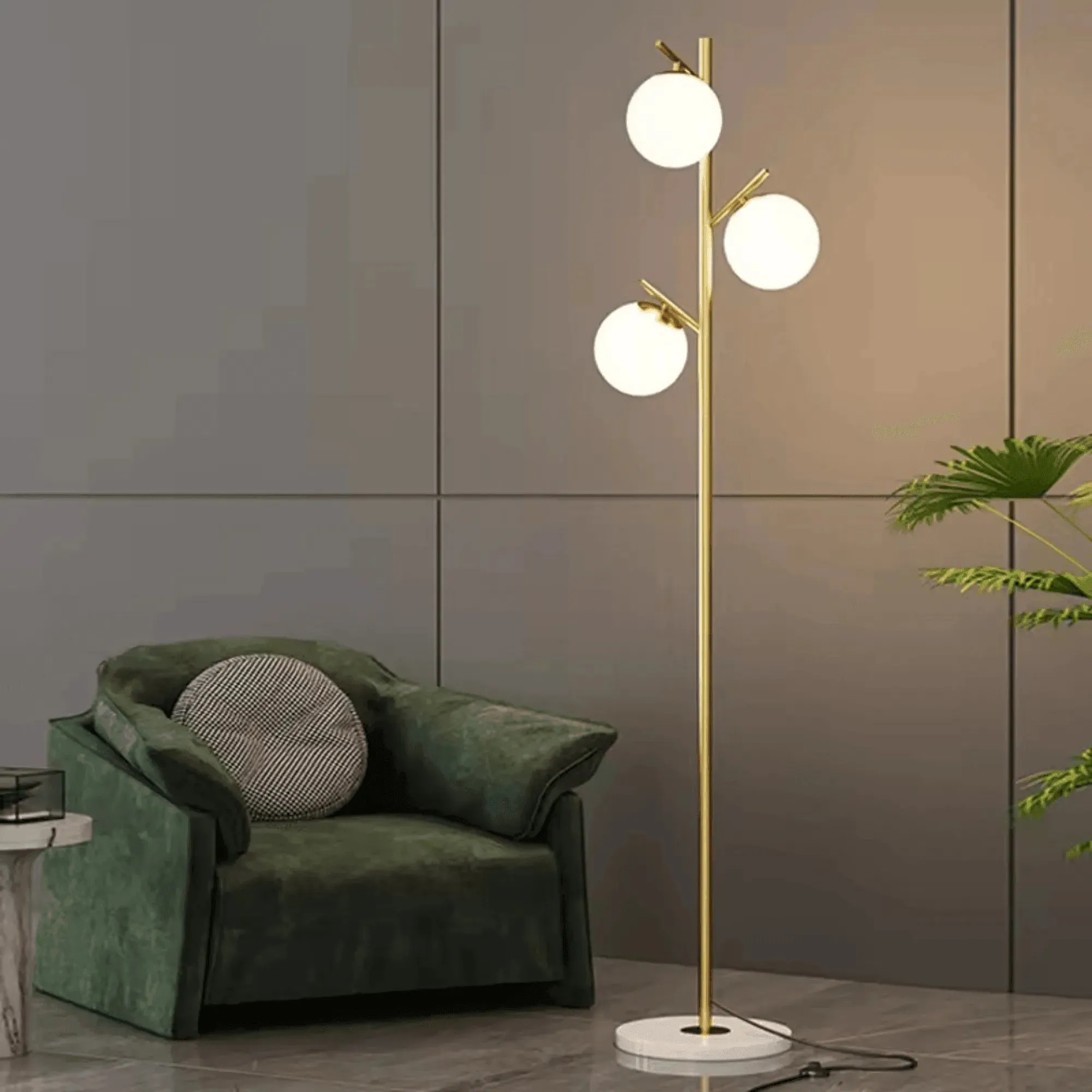 Wooden Twist Globe Shape 3 Light Tall Stand Marble Base with Foot Switch Control Button Floor Lamp