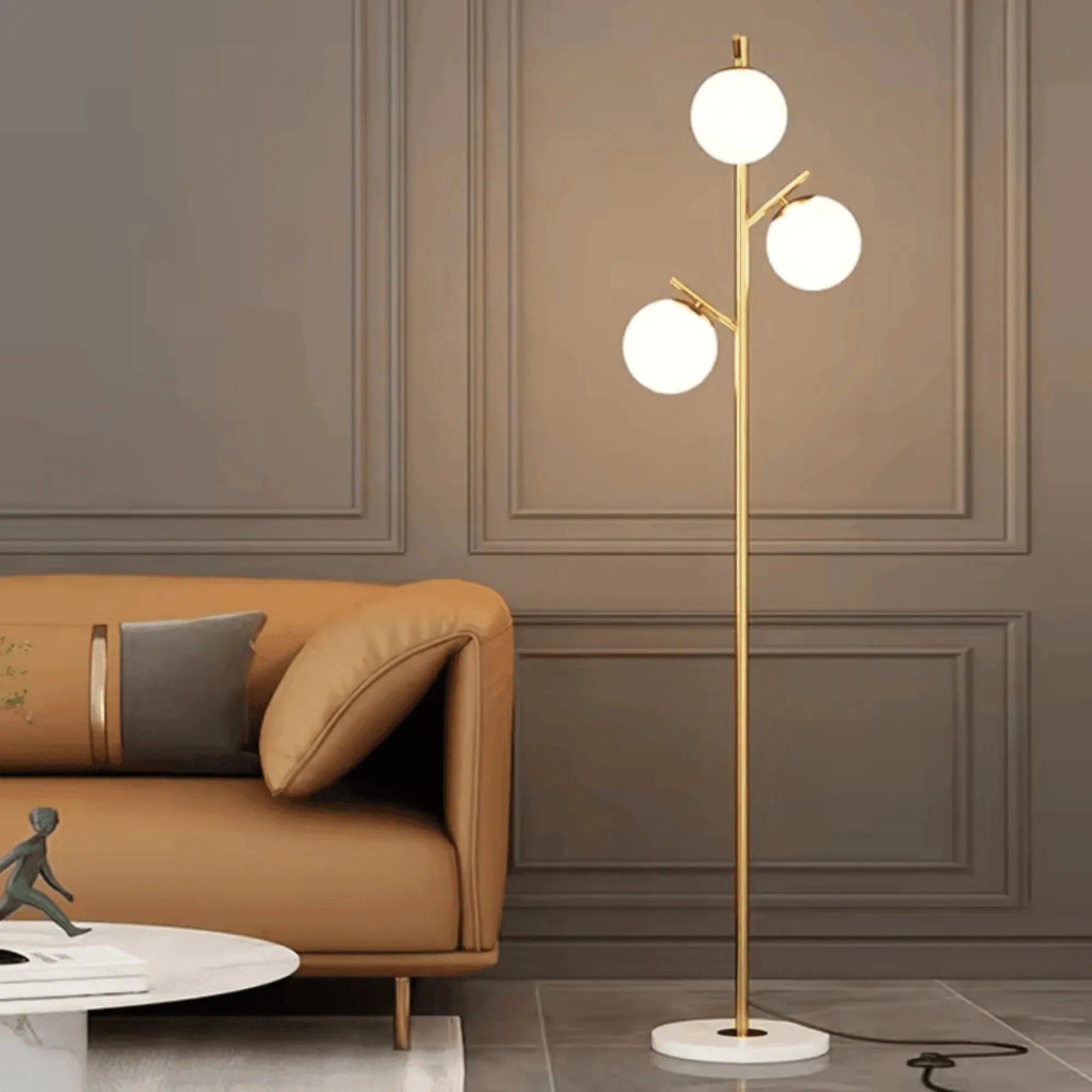 Wooden Twist Globe Shape 3 Light Tall Stand Marble Base with Foot Switch Control Button Floor Lamp